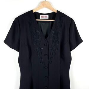 Vintage Maggy London Black Maxi Sheath Dress Embroidered Button Up Short Sleeve